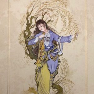 Miniature Painting on Cardboard – Safavid Style – Girl Among Willow Trees – Code 1030074